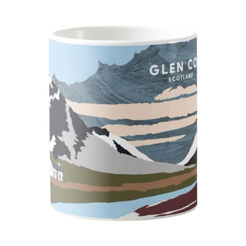 This mug features a panoramic artwork of the mountains of Glen Coe in Scotland