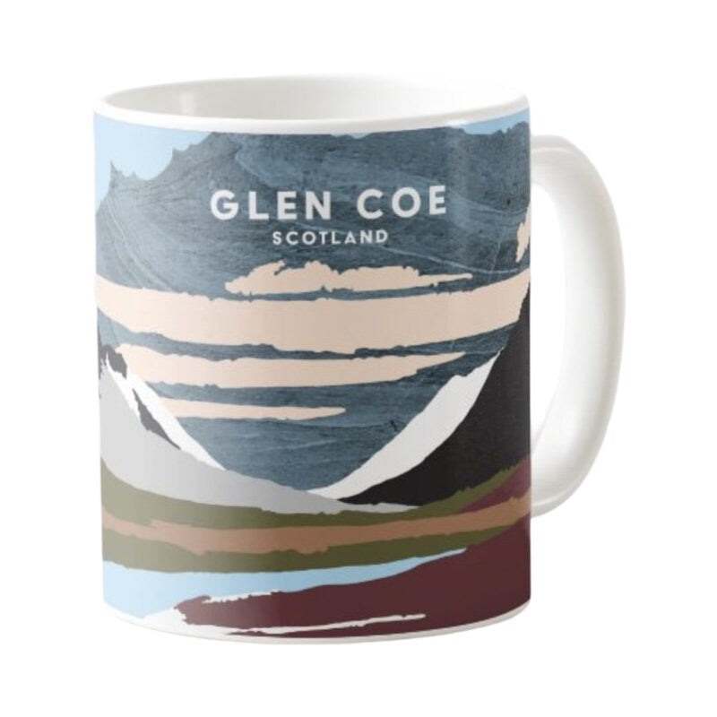 This mug features a panoramic artwork of the mountains of Glen Coe in Scotland
