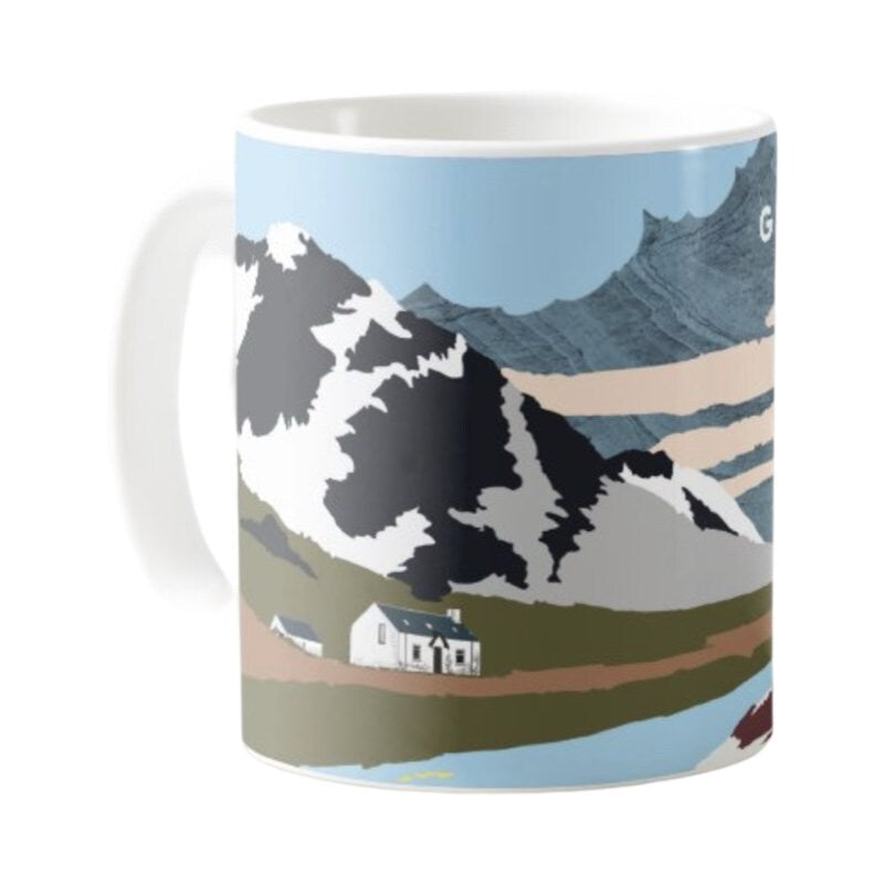 This mug features a panoramic artwork of the mountains of Glen Coe in Scotland