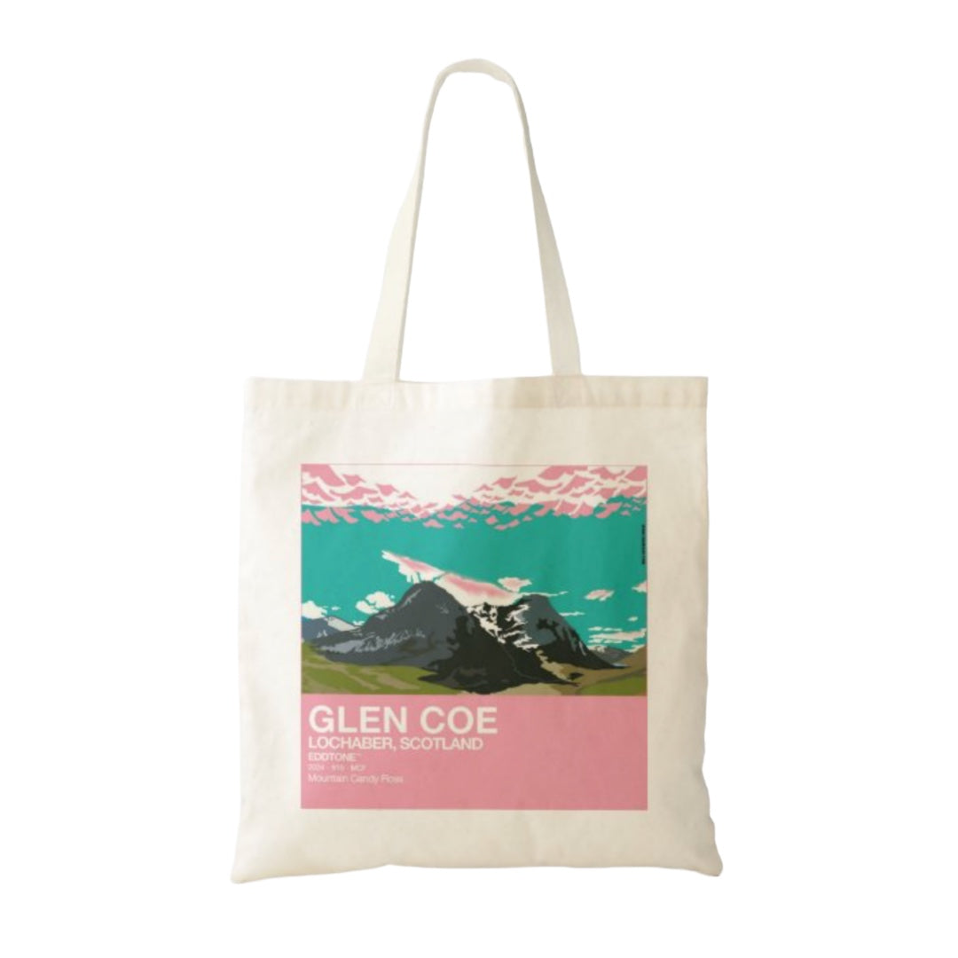 This is a tote bag with a square design featuring an illustration of Glen Coe in Lochaber, Scotland