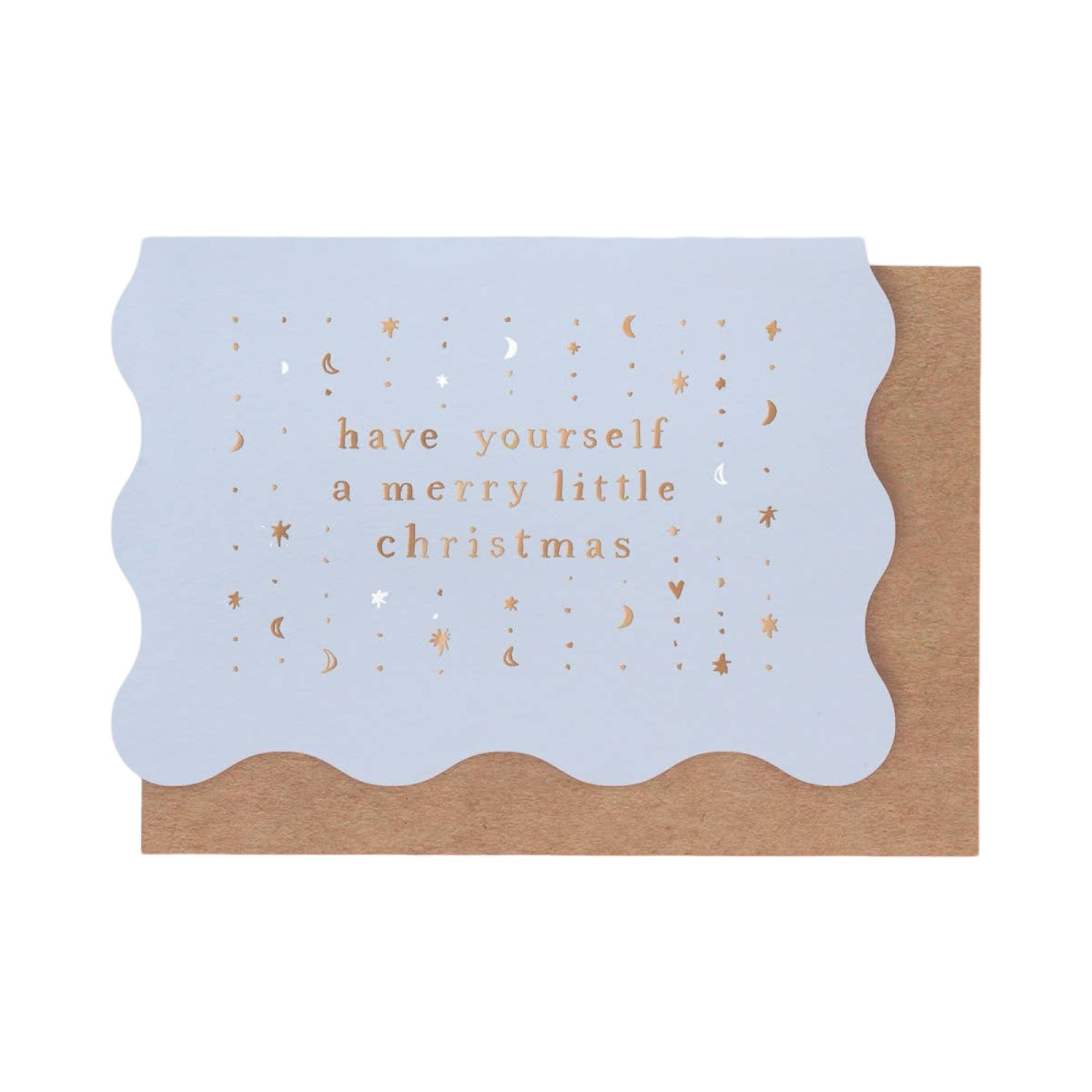 Christmas card featuring the text 'Have yourself a merry little Christmas' in gold foil surrounded by stars and moons against a pale grey/blue background.