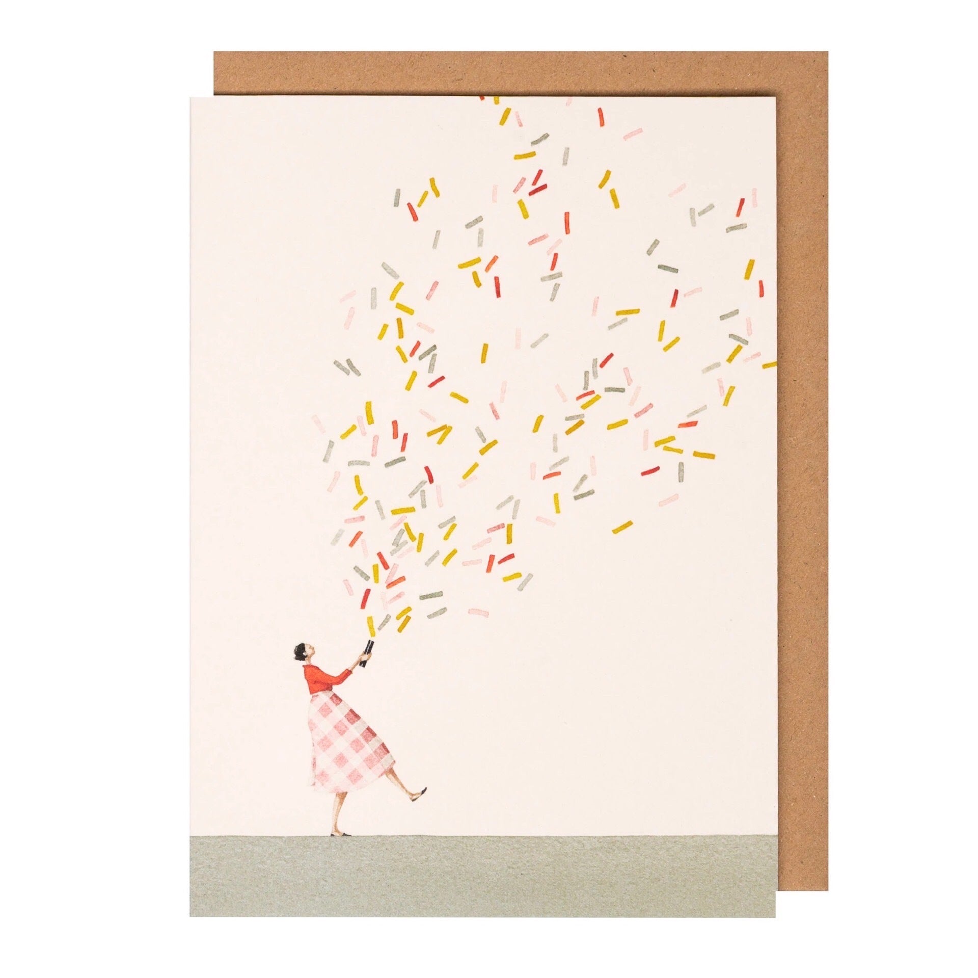 New baby card featuring a lady who has set off a giant glitter bomb.