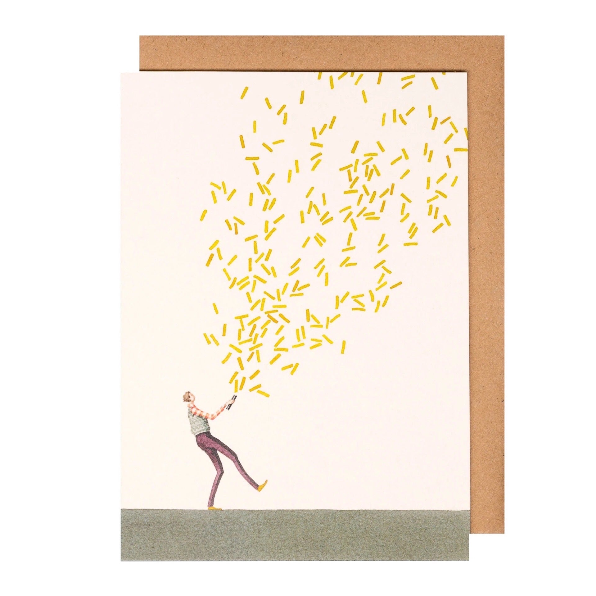 Card featuring a man who has set off a giant glitter bomb.