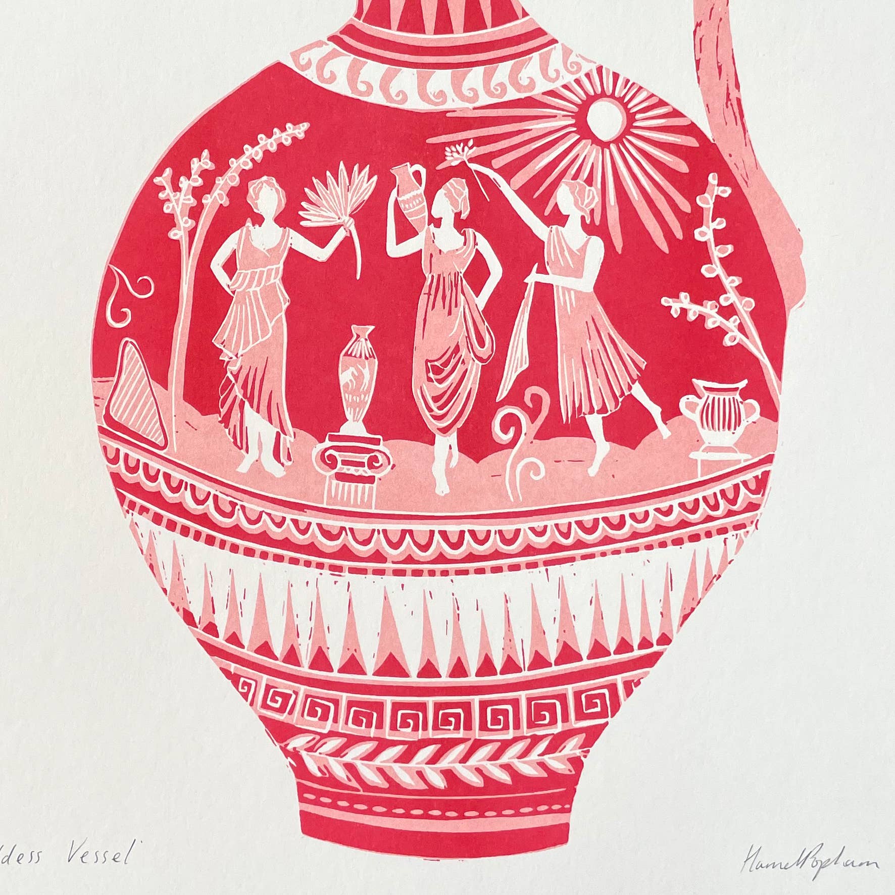 A stylised red and off-white artwork of a large vase with classical Greek-style figures, patterns, and decorative motifs on a light background.