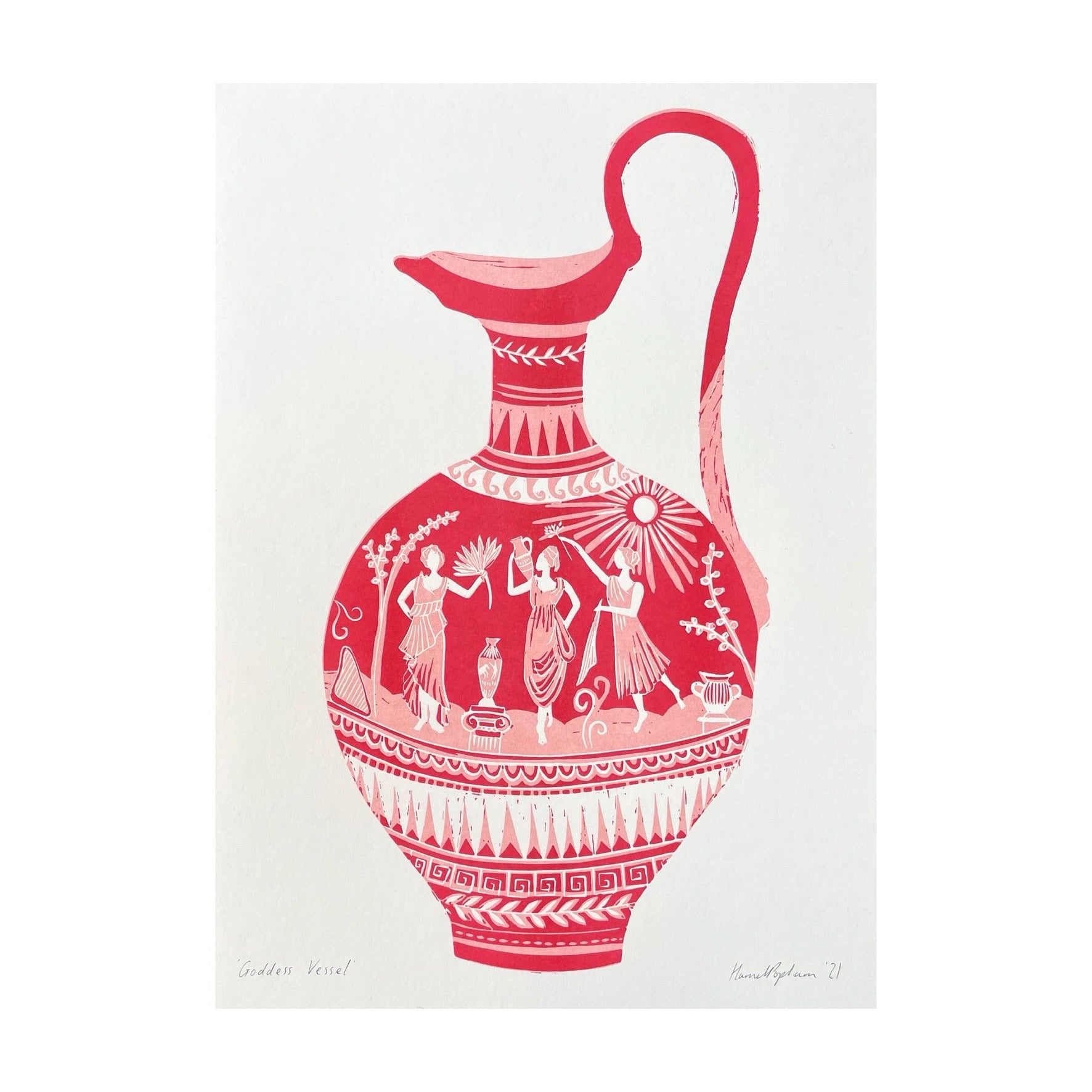 A minimalist art print of a red Greek-style pitcher on a white background, featuring white patterns and figures. Signed by the artist at the bottom right.
