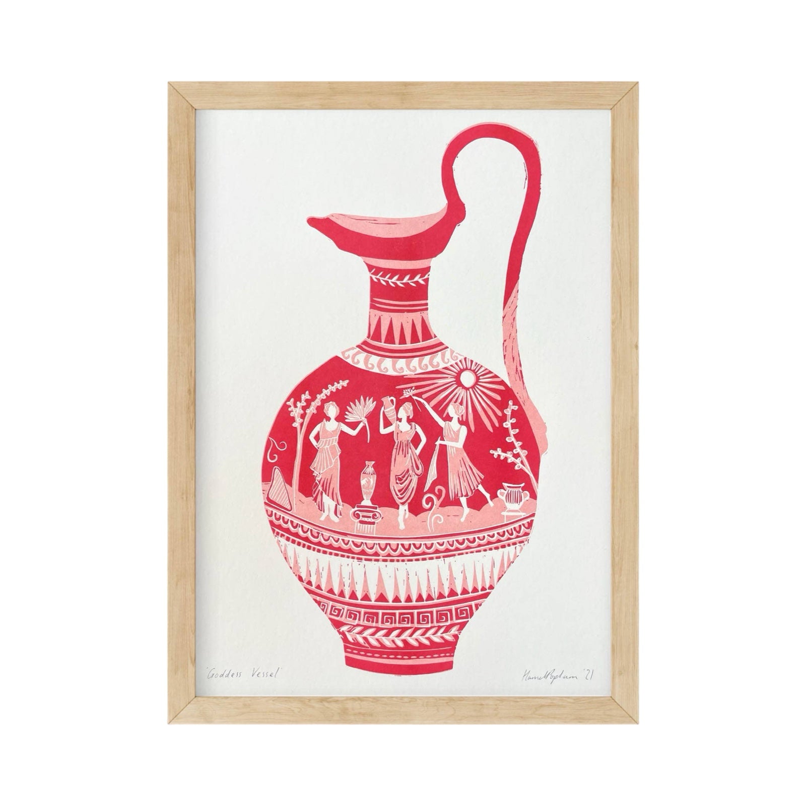 Framed art print featuring a red and white Greek-style pitcher illustration on a white background, enclosed in a light natural wood frame.