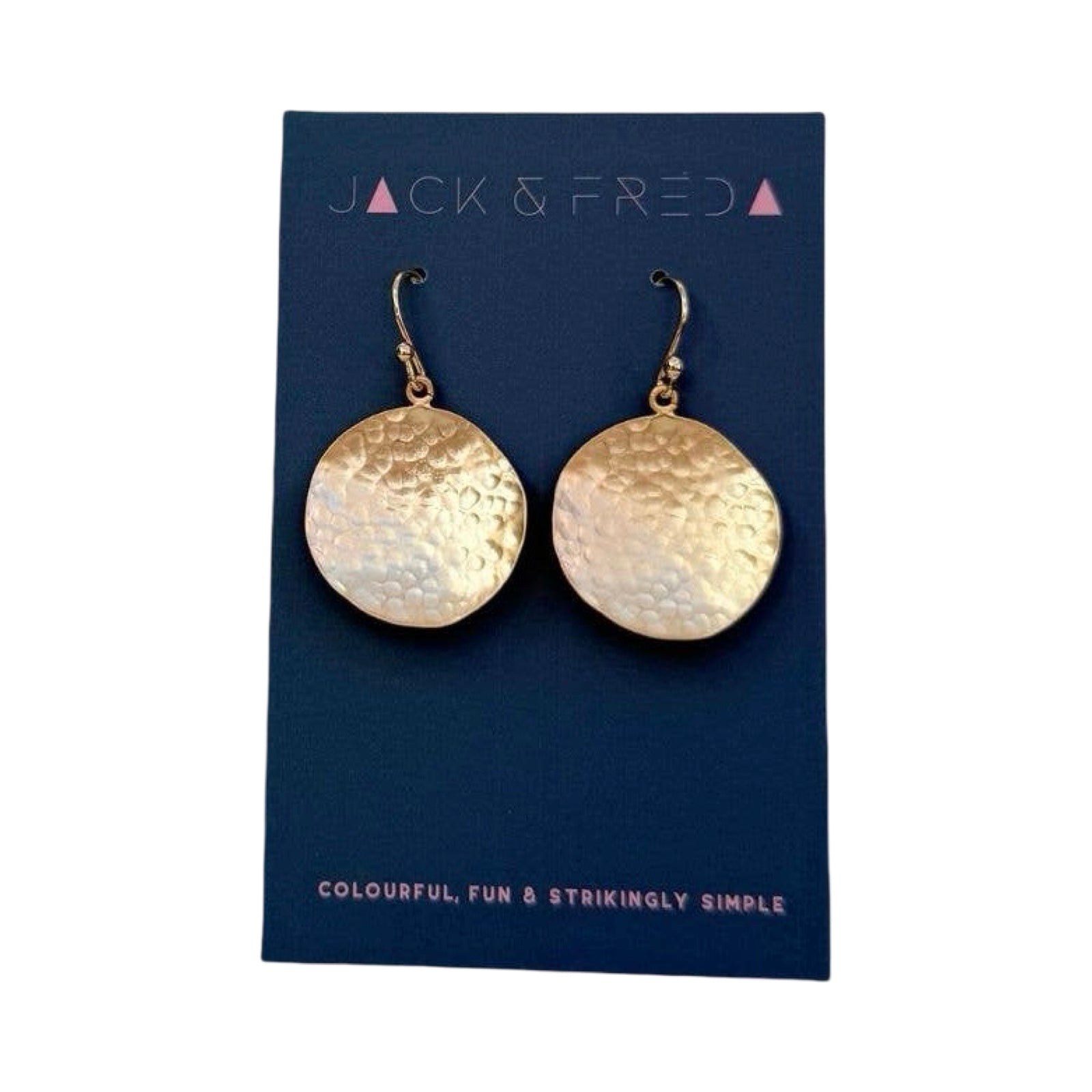 Gold earrings on a Jack & Fred branded card with a blue background.