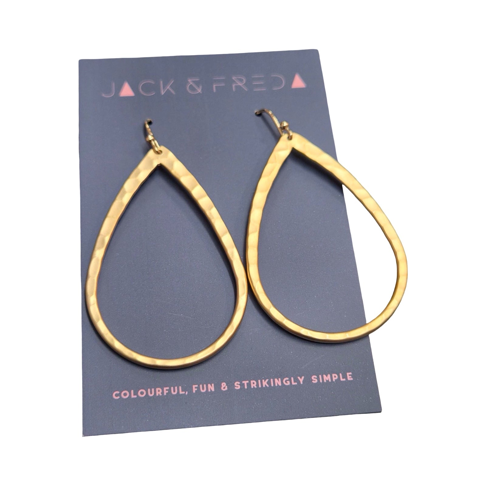 Gold teardrop earrings on a Jack & Fred card with branding and tagline.