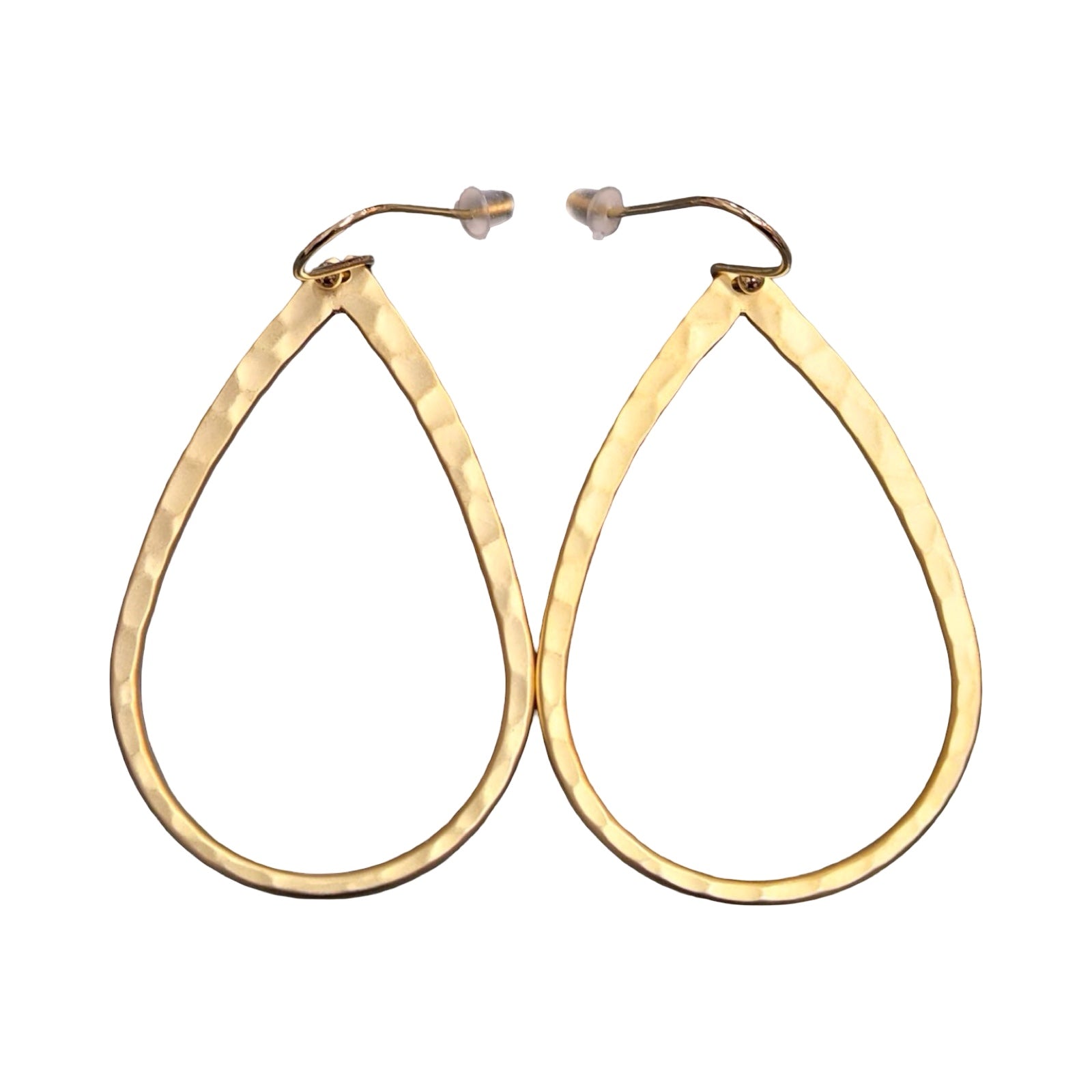 Gold hoop earrings on a white background.