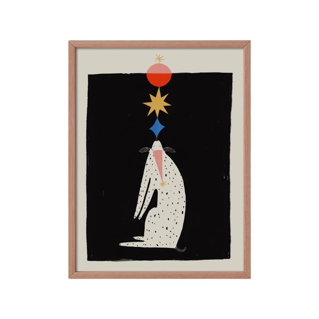 Print featuring an illustration of a Dalmatian wearing a pink party hat balancing a blue diamond, a yellow star and a red balloon on his nose.