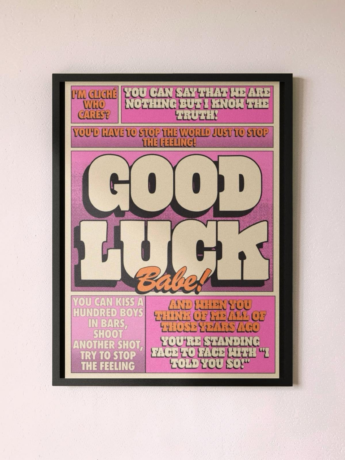 Framed poster with text on a pink and purple background.
