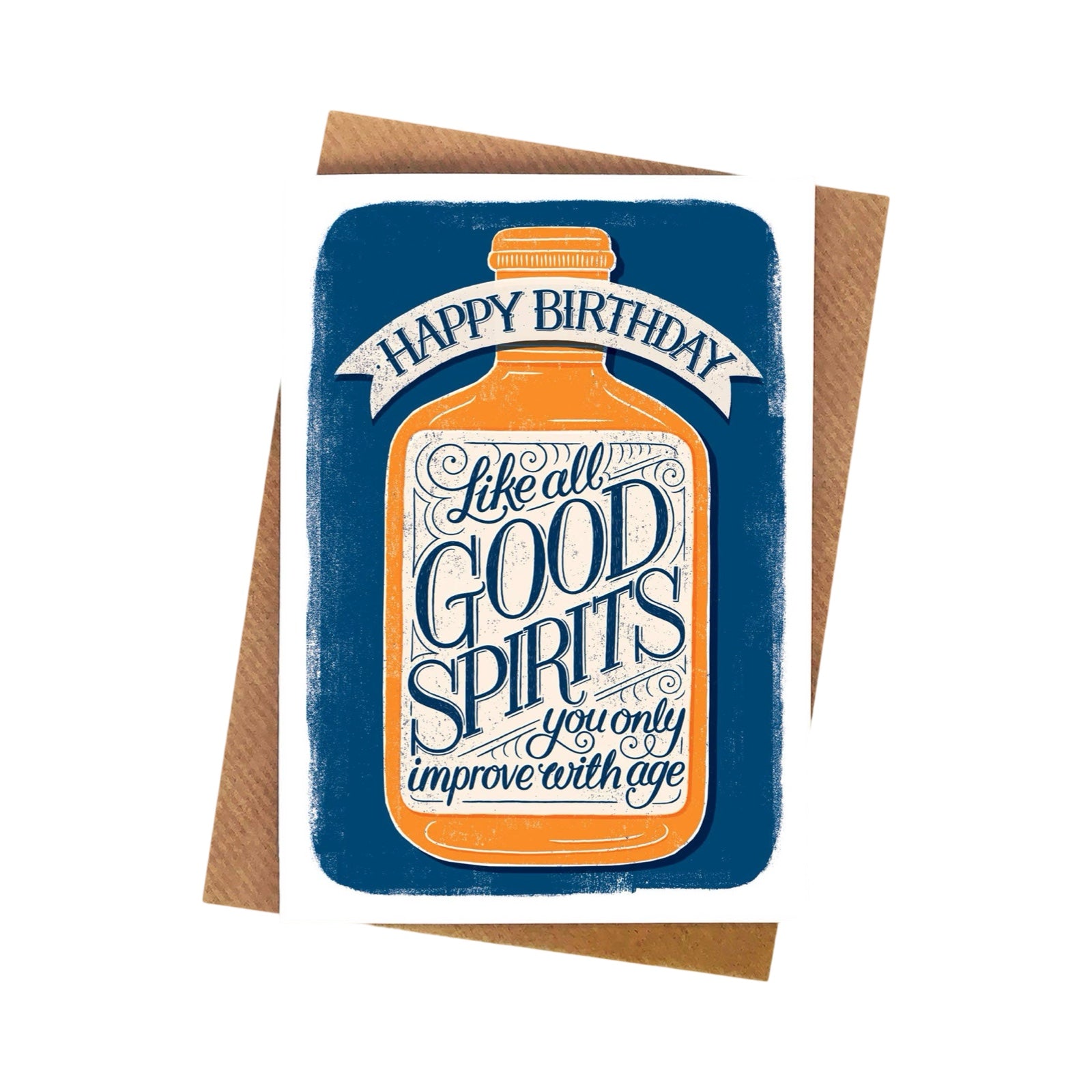 This birthday card features an orange whisky bottle and the text 'Happy Birthday, like all good spirits you only improve with age' all against a navy background