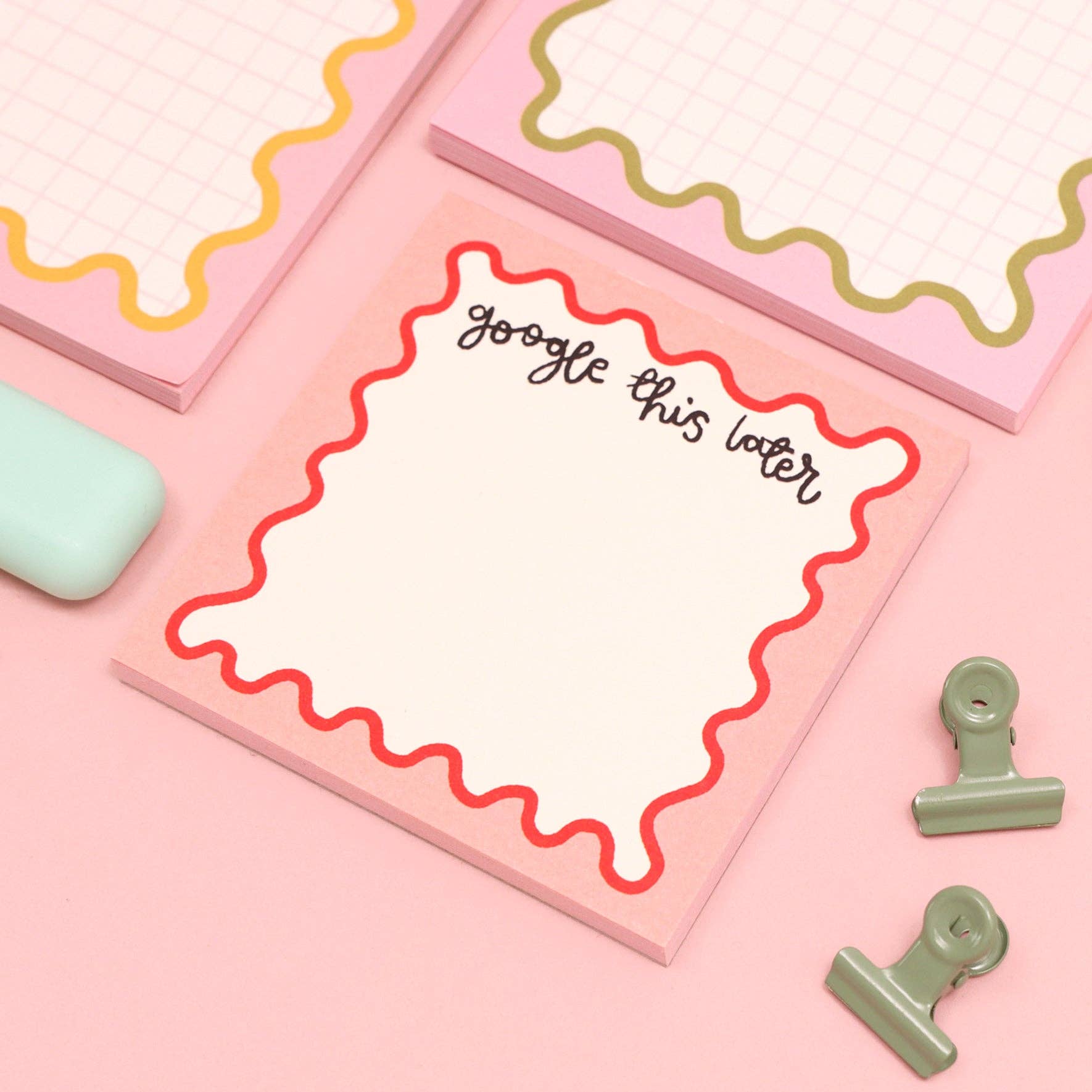 This 'google this later' memo pad features a pink border with a red squiggly border.