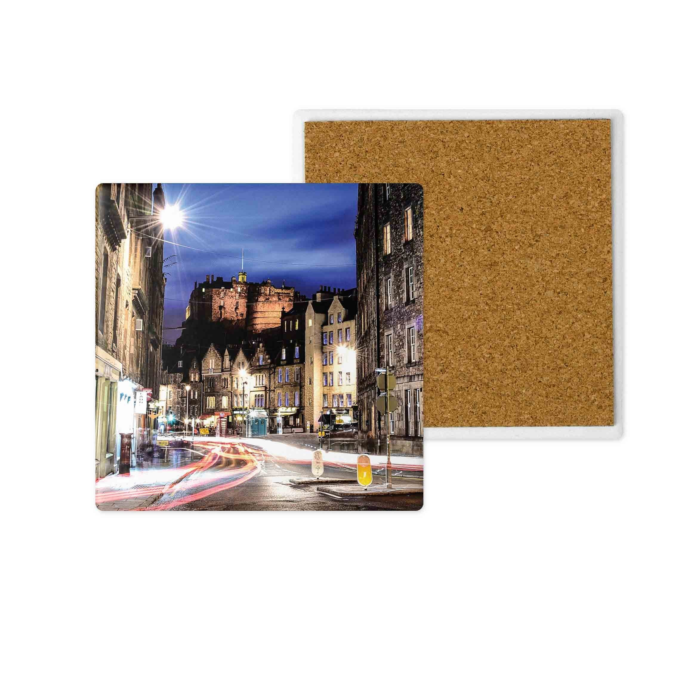 An image of Edinburgh Castle from Grassmarket on a ceramic coaster.