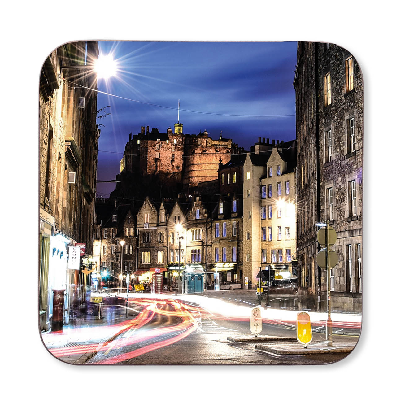 An image of Edinburgh Castle from Grassmarket on a wooden coaster.
