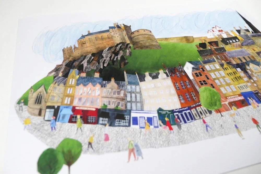 Colourful illustration of Edinburgh castle.