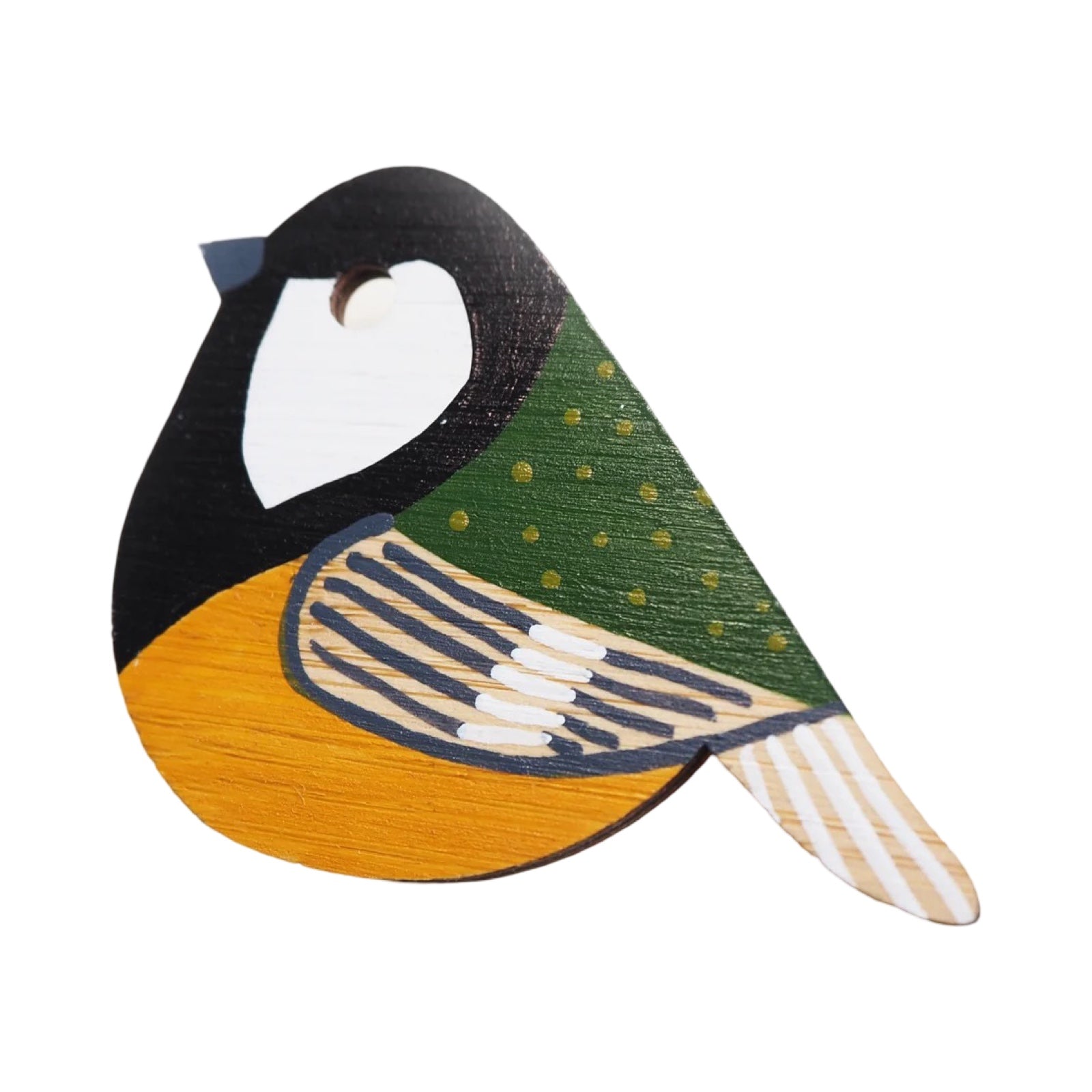 A bird-shaped great tit wooden brooch hand-painted in black, green, yellow and grey.