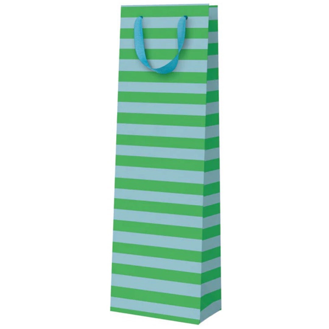 Striped gift bag with green and light blue stripes on a white background.