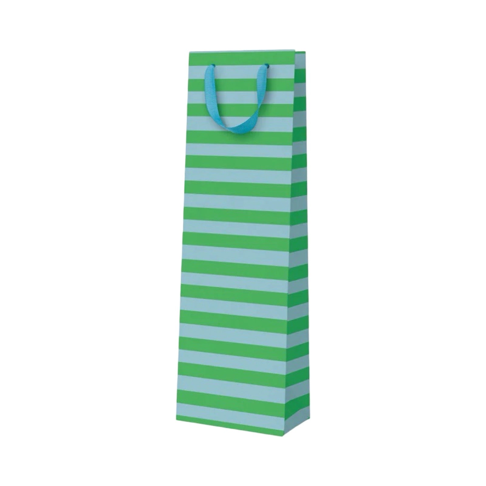 A tall, narrow gift bag with horizontal stripes in green and light blue, featuring two matching blue-green paper handles, shown on a plain white background.