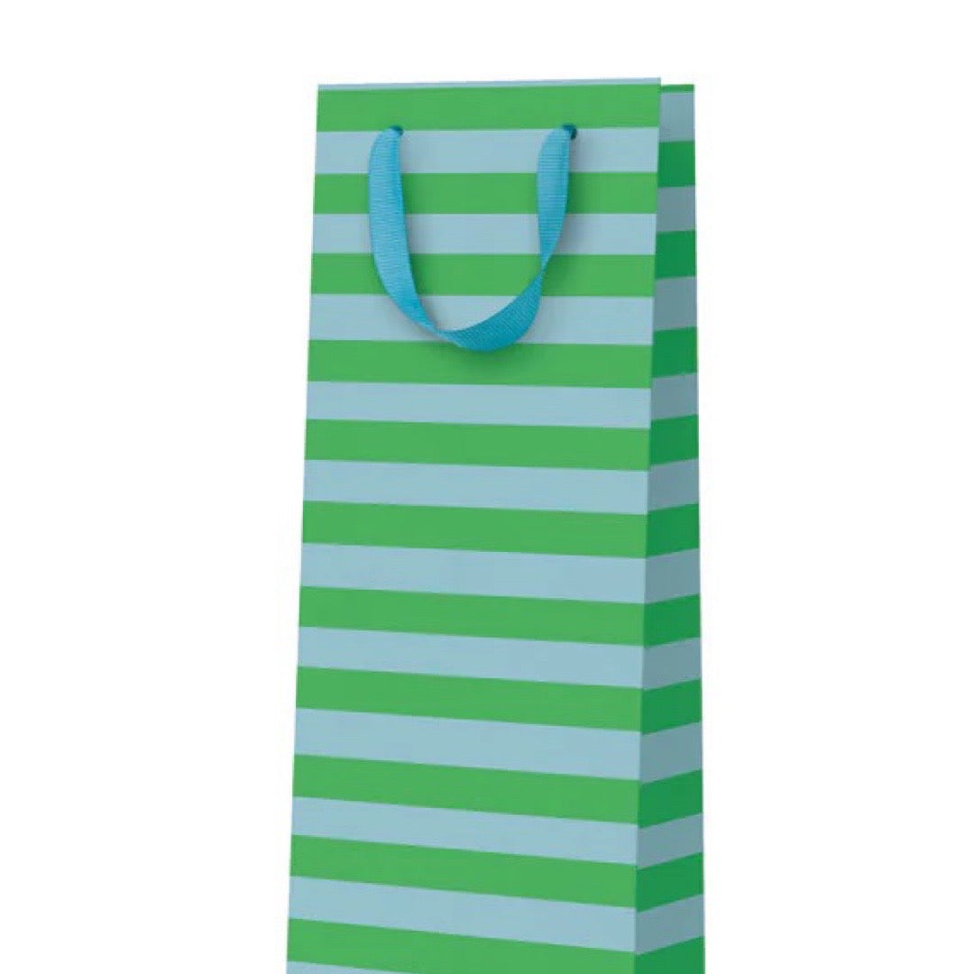 Green and blue striped gift bag with a blue handle on a white background.