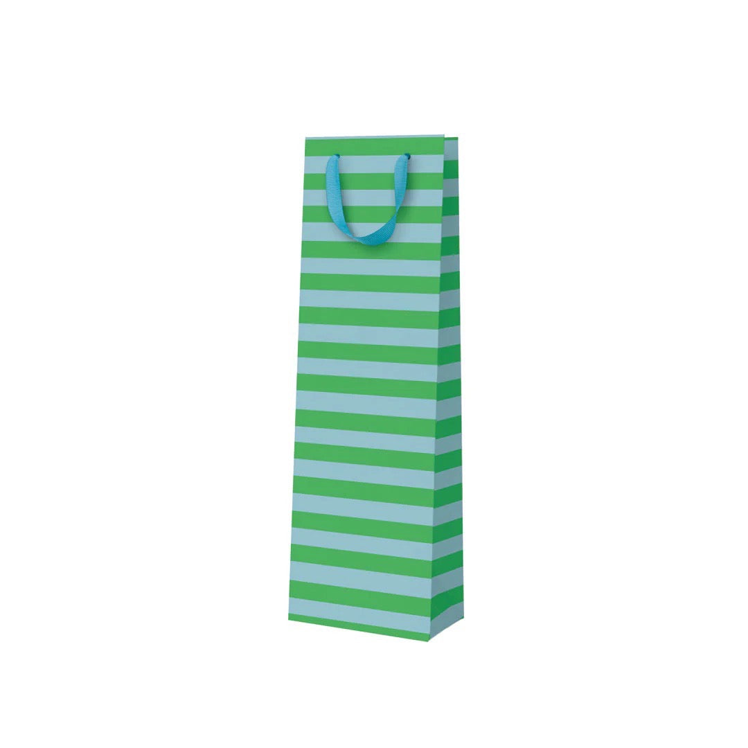 Green and blue striped gift bag with a handle on a white background.