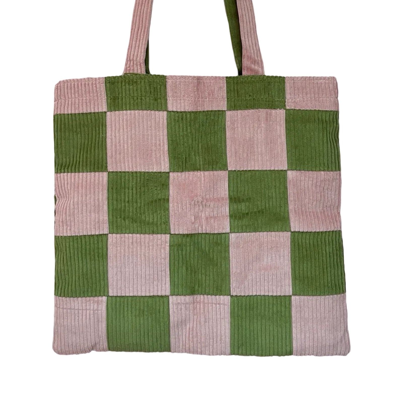 Checkered tote bag with green and pink squares on a white background.