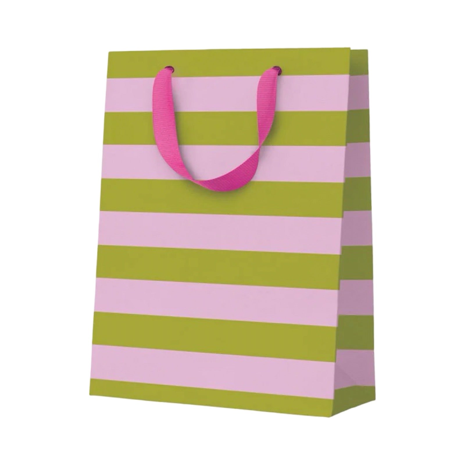 A paper gift bag with horizontal stripes in lime green and light pink, featuring bright pink handles, shown on a plain white background.