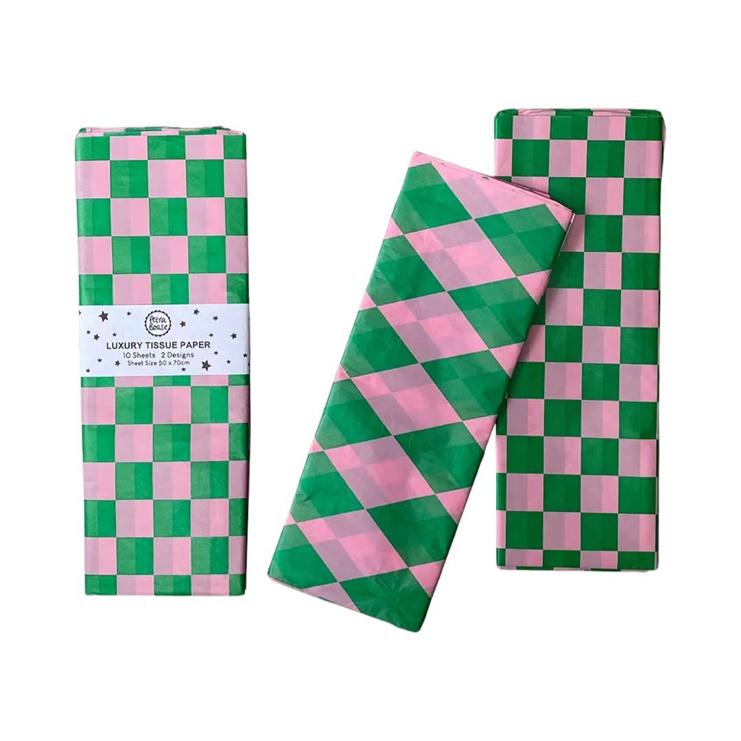 A pack of ten sheets of luxury tissue paper with checked and diamond patterns in green and pink.