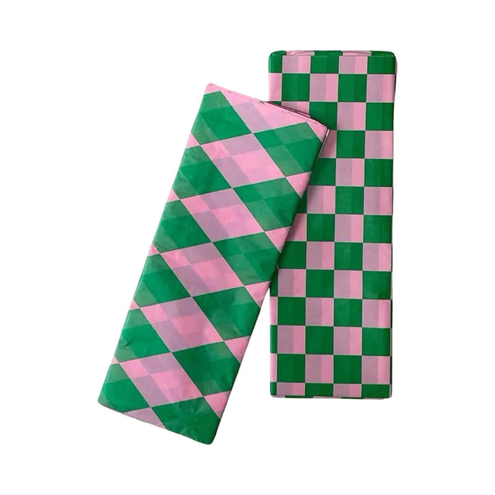 A pack of ten sheets of luxury tissue paper with checked and diamond patterns in green and pink.