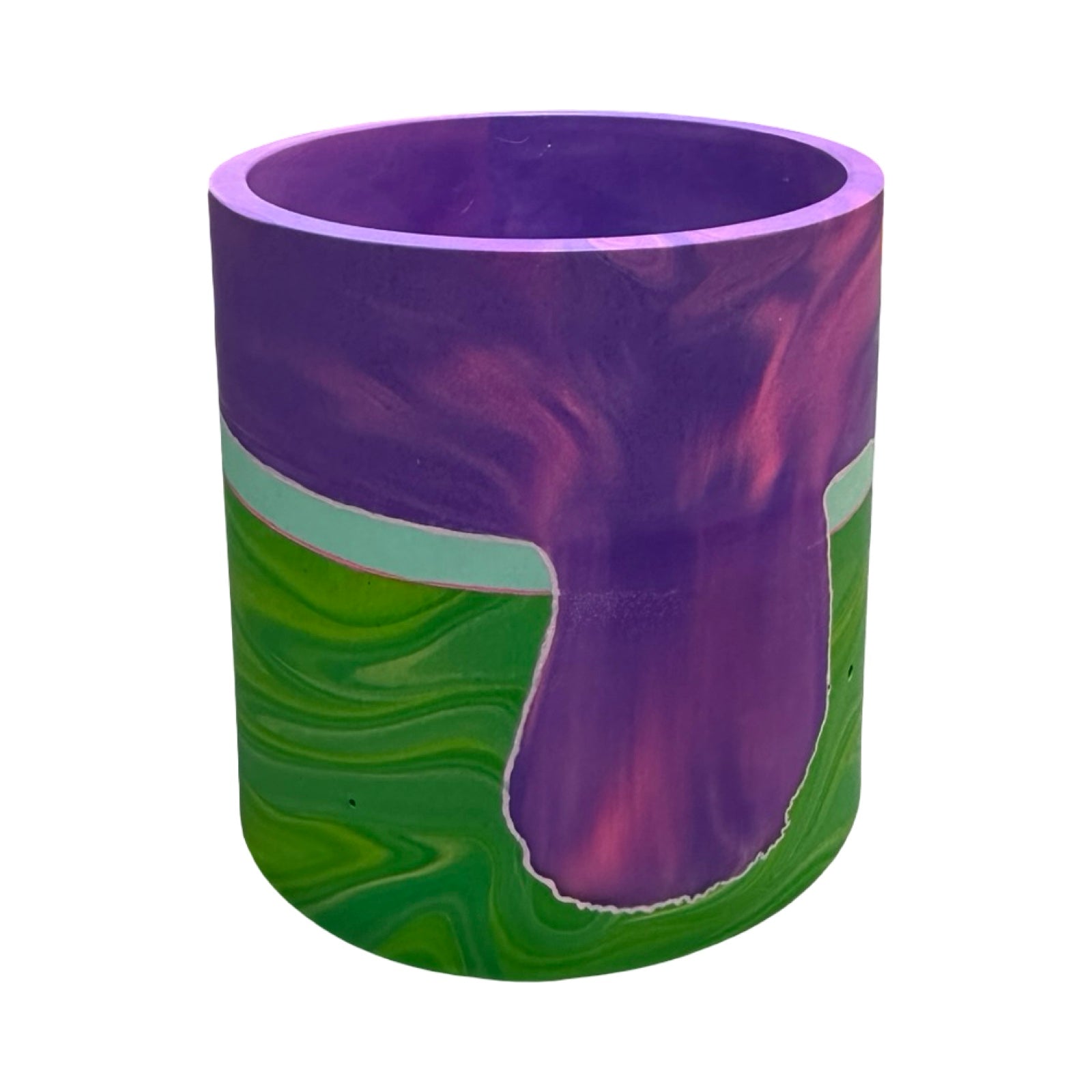 Planter with purple and green marbled pattern on a white background.