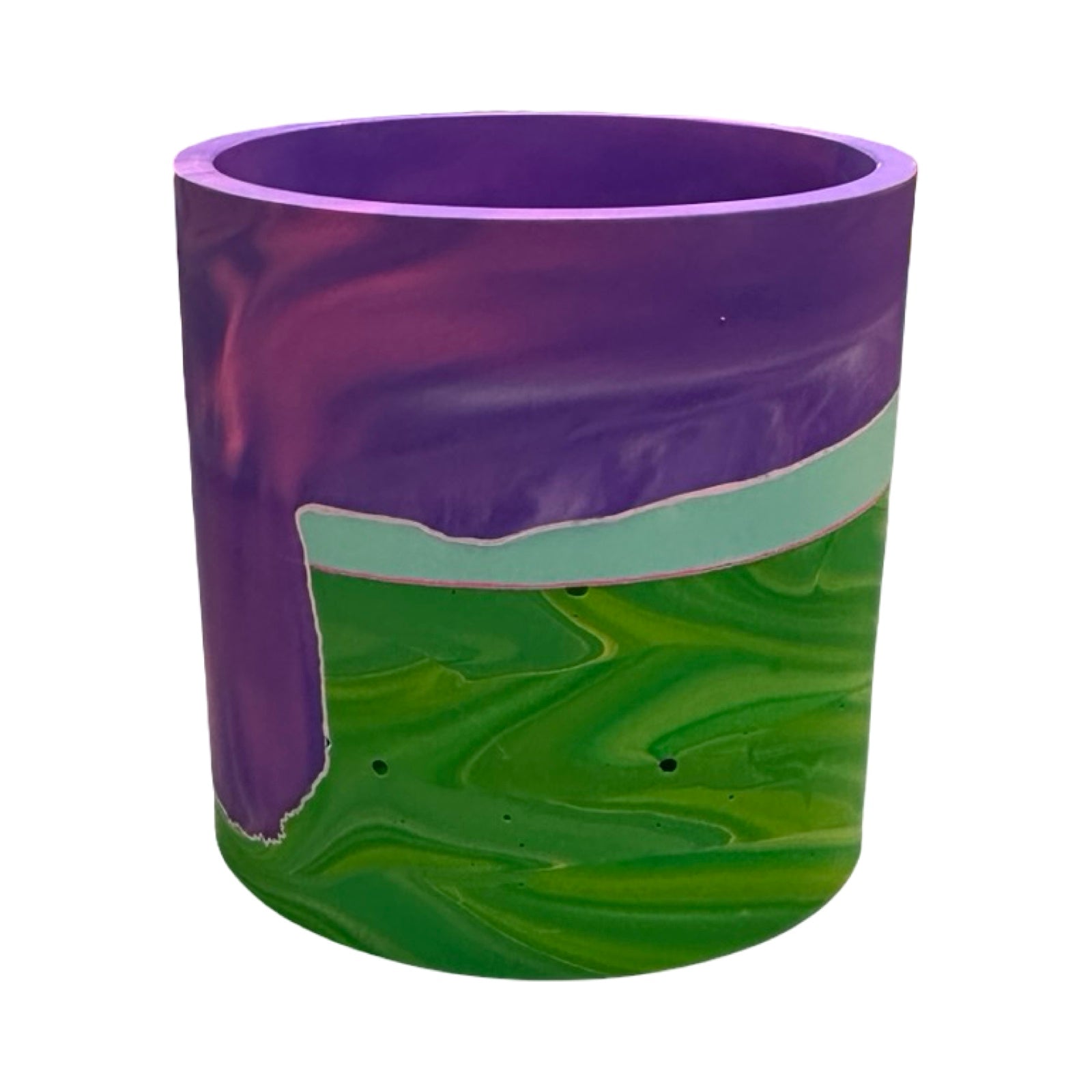 Marbled purple and green planter on a white background.