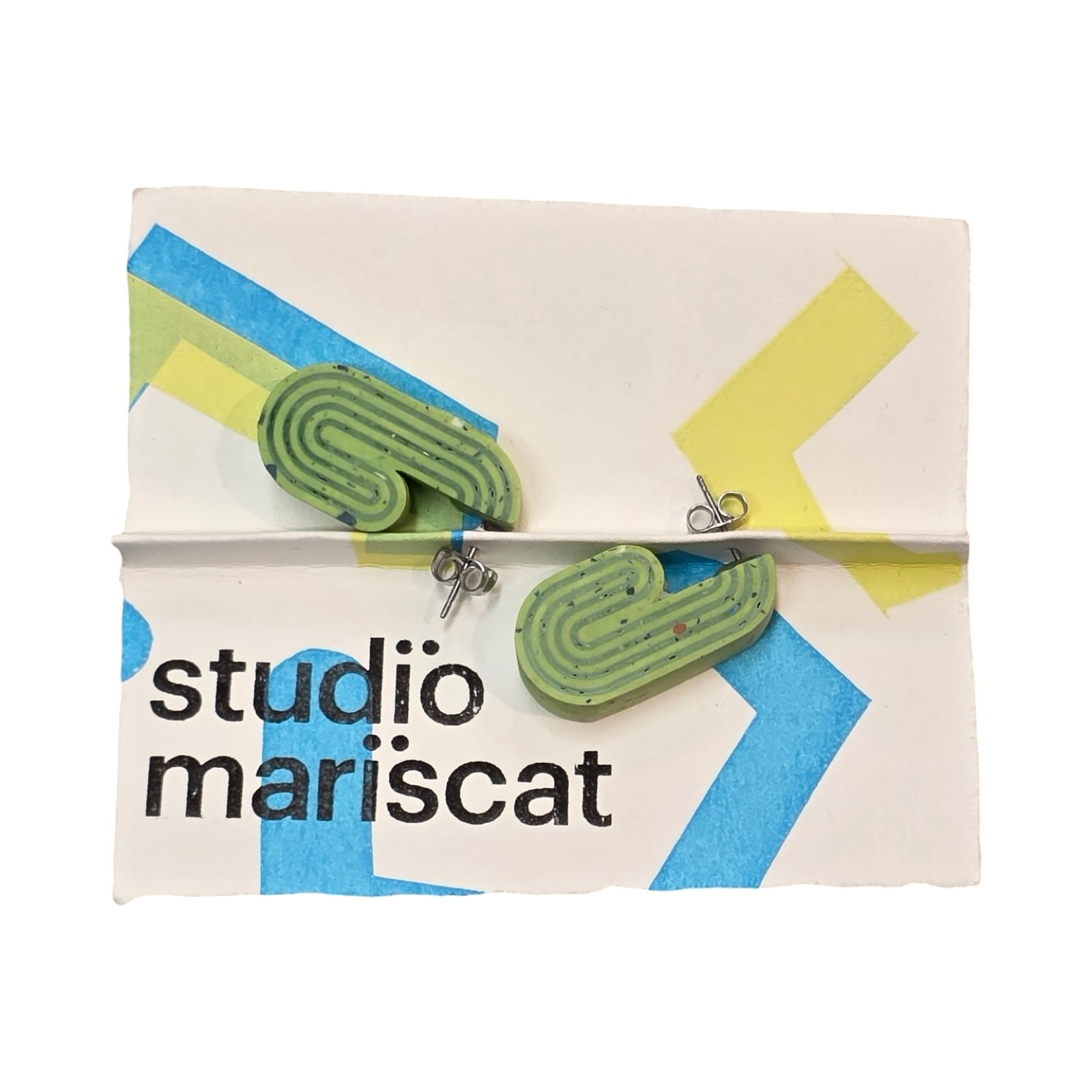 Green chunky curved hoop earrings with dark green stripes.