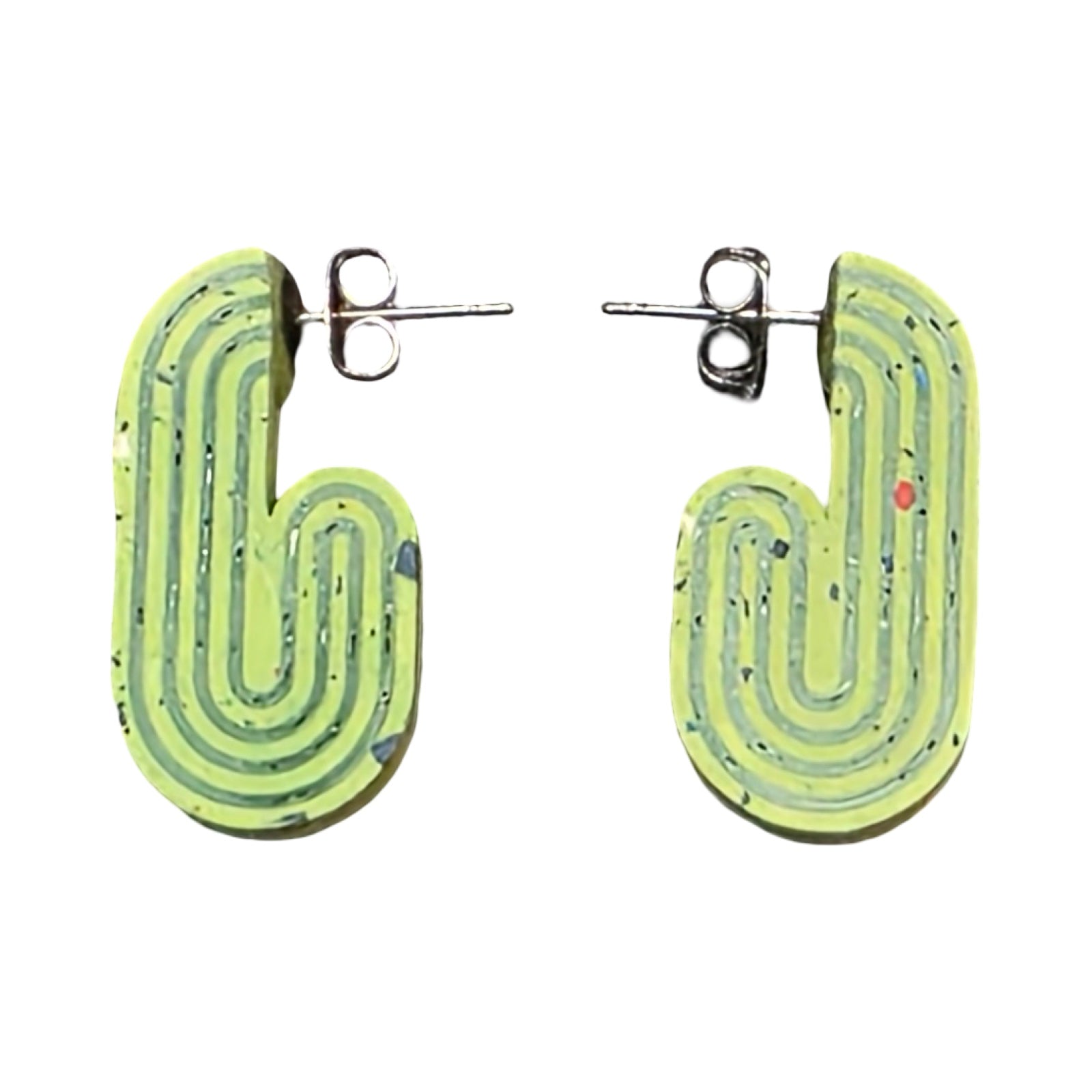 Green chunky curved hoop earrings with dark green stripes.