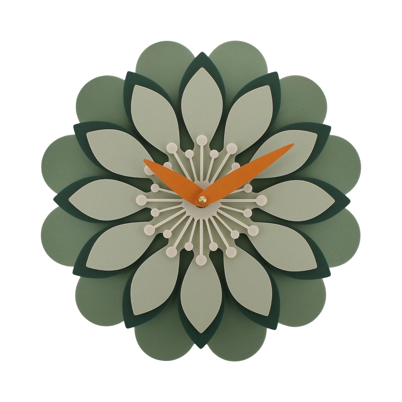 Decorative wall clock with a floral design on a white background.