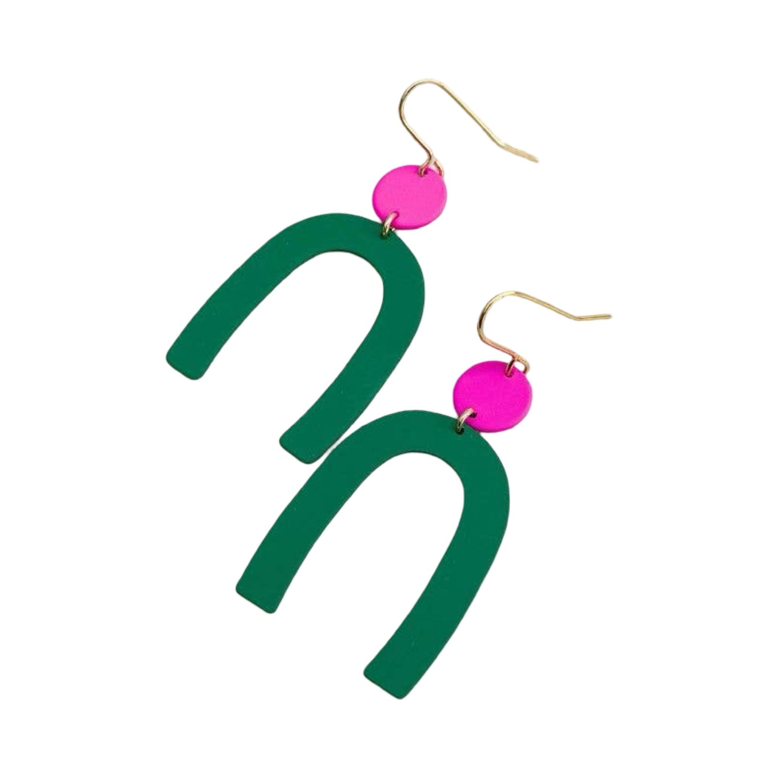 Green U-shaped earrings with pink circular charms on gold hooks against a white background.