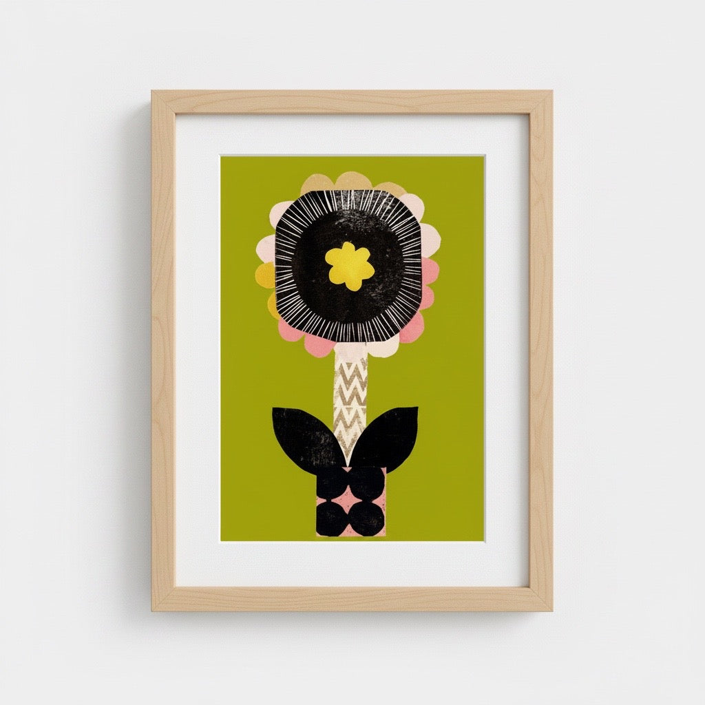 Framed artwork with a stylised flower design on a green background.