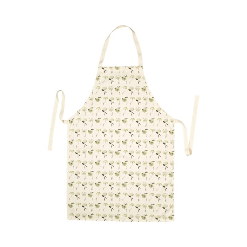 Floral apron featuring giant green and white flowers being held by fabulously dressed men and women.