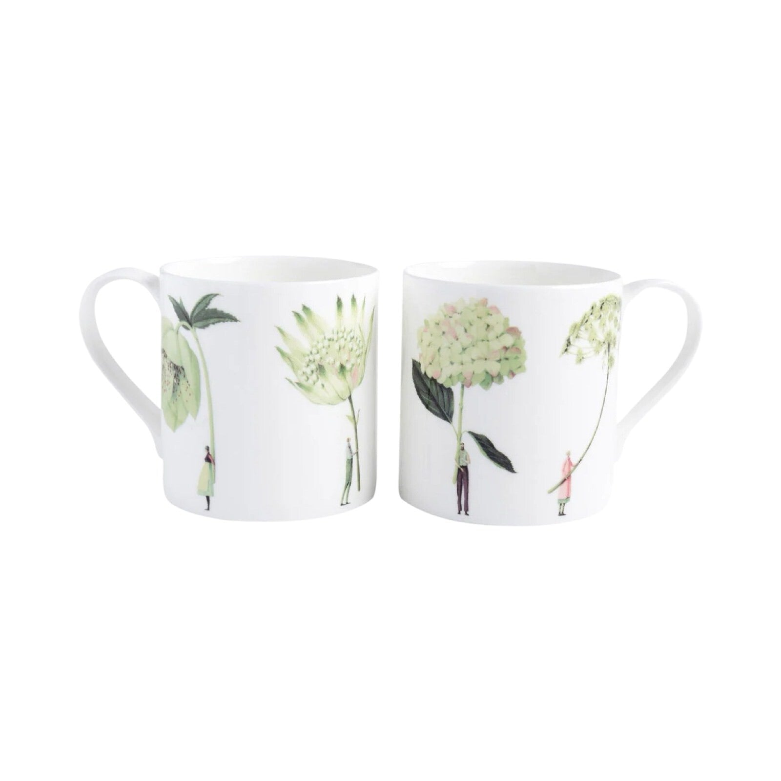 Fine bone china mug decorated with four illustrations of green flowers.