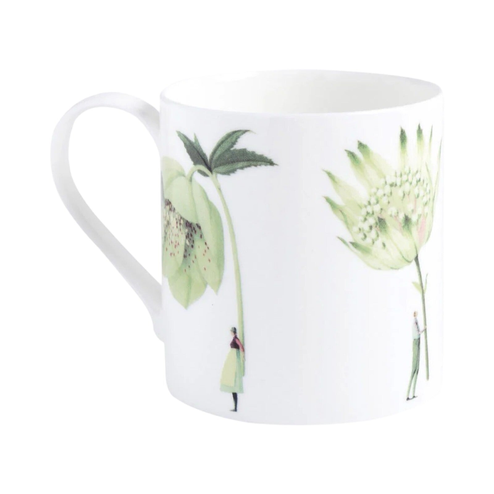 Fine bone china mug decorated with four illustrations of green flowers.