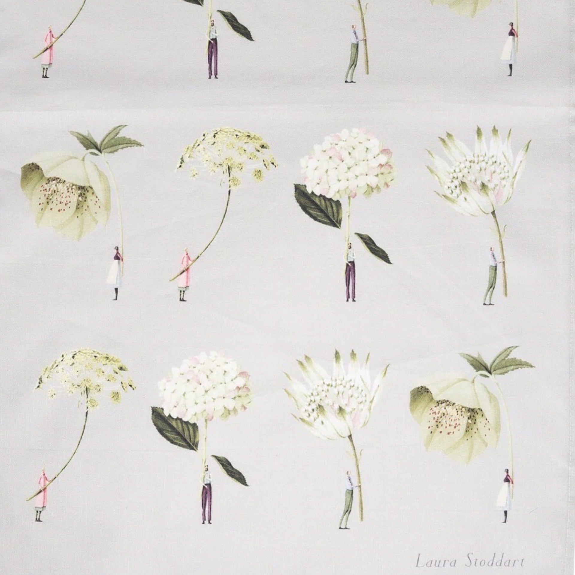 Pattern of white flowers with small figures on a light grey background, designed by Laura Stoddart.