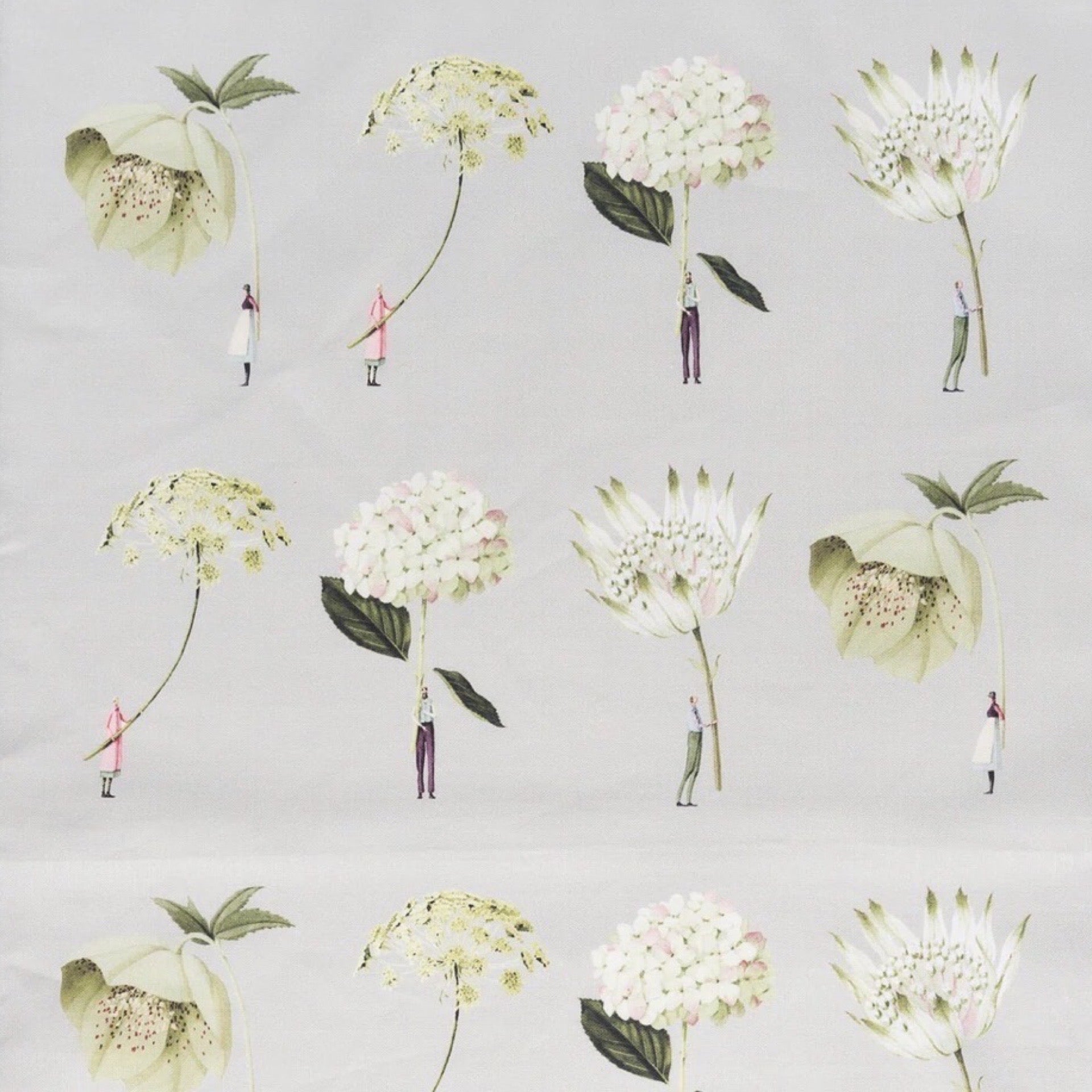 Pattern of flowers and small figures on a light grey background.