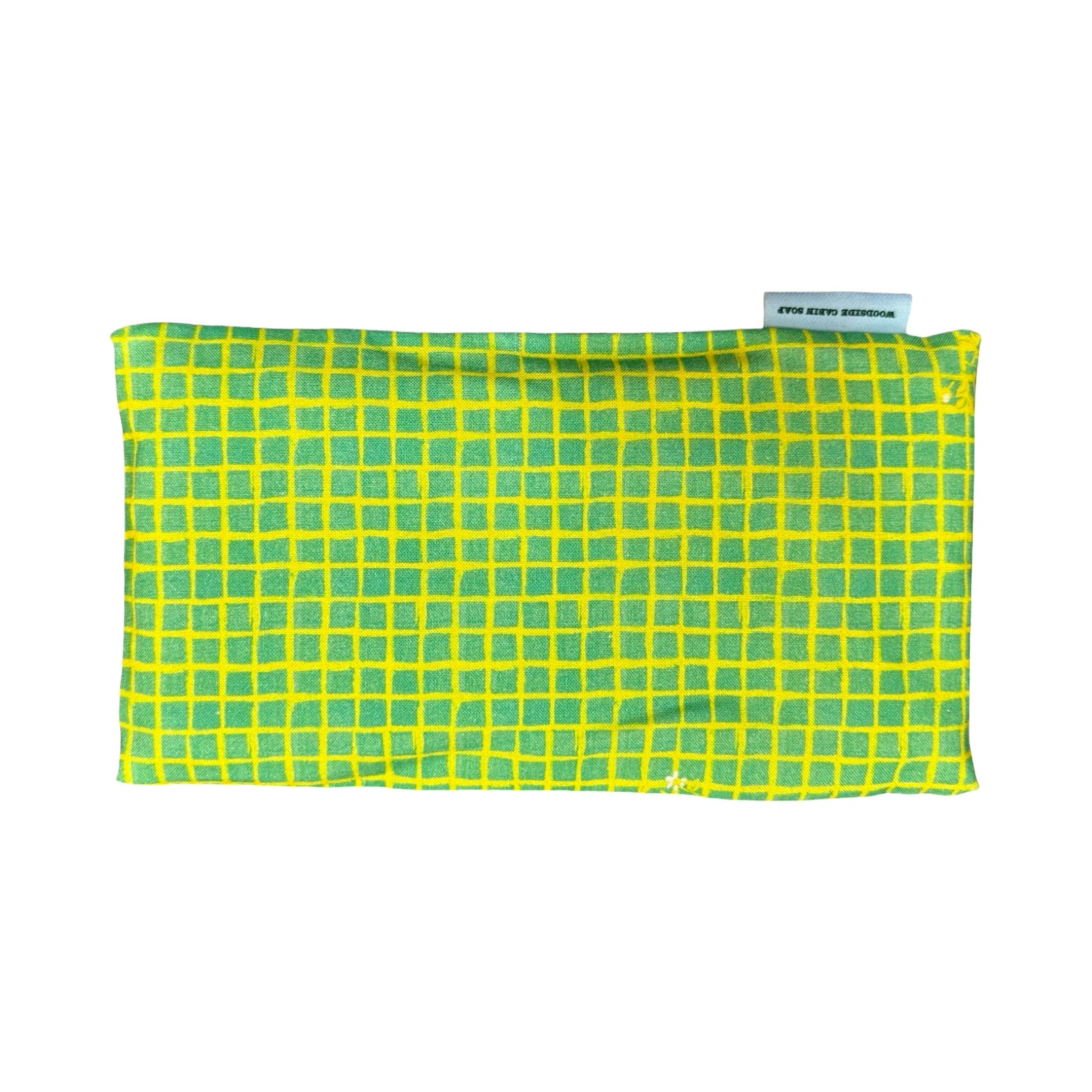 A rectangular fabric pouch bright yellow and green grid pattern, shown against a plain white background. A small white brand tag is visible on the top right edge.