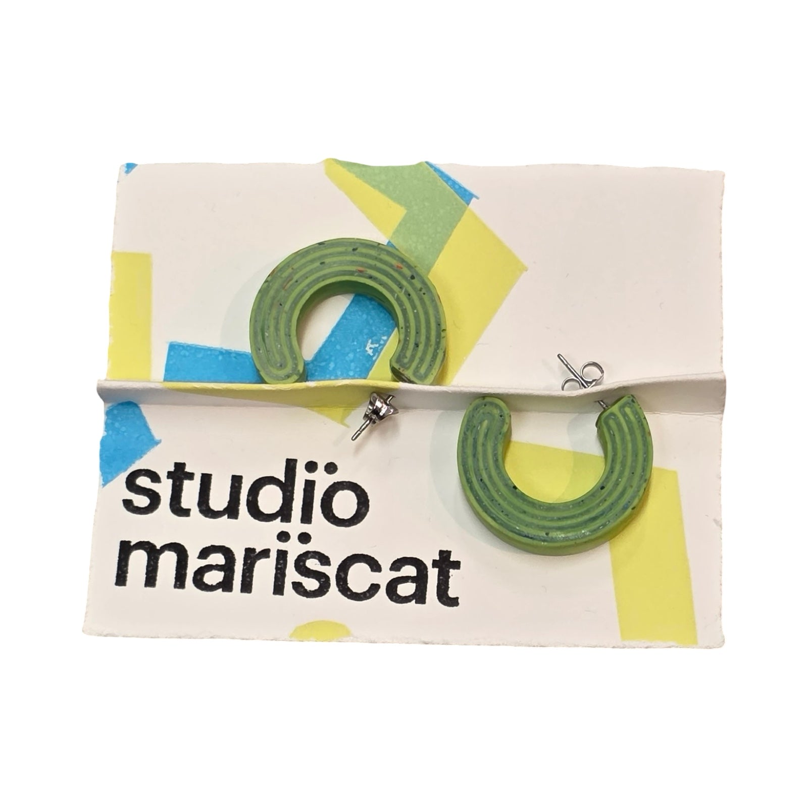 Green chunky hoop earrings with dark green stripes.