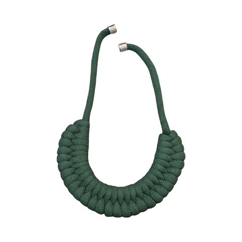 A hand-knotted style necklace made by hand from 100% recycled green cotton cord with a magnetic metal fastening.