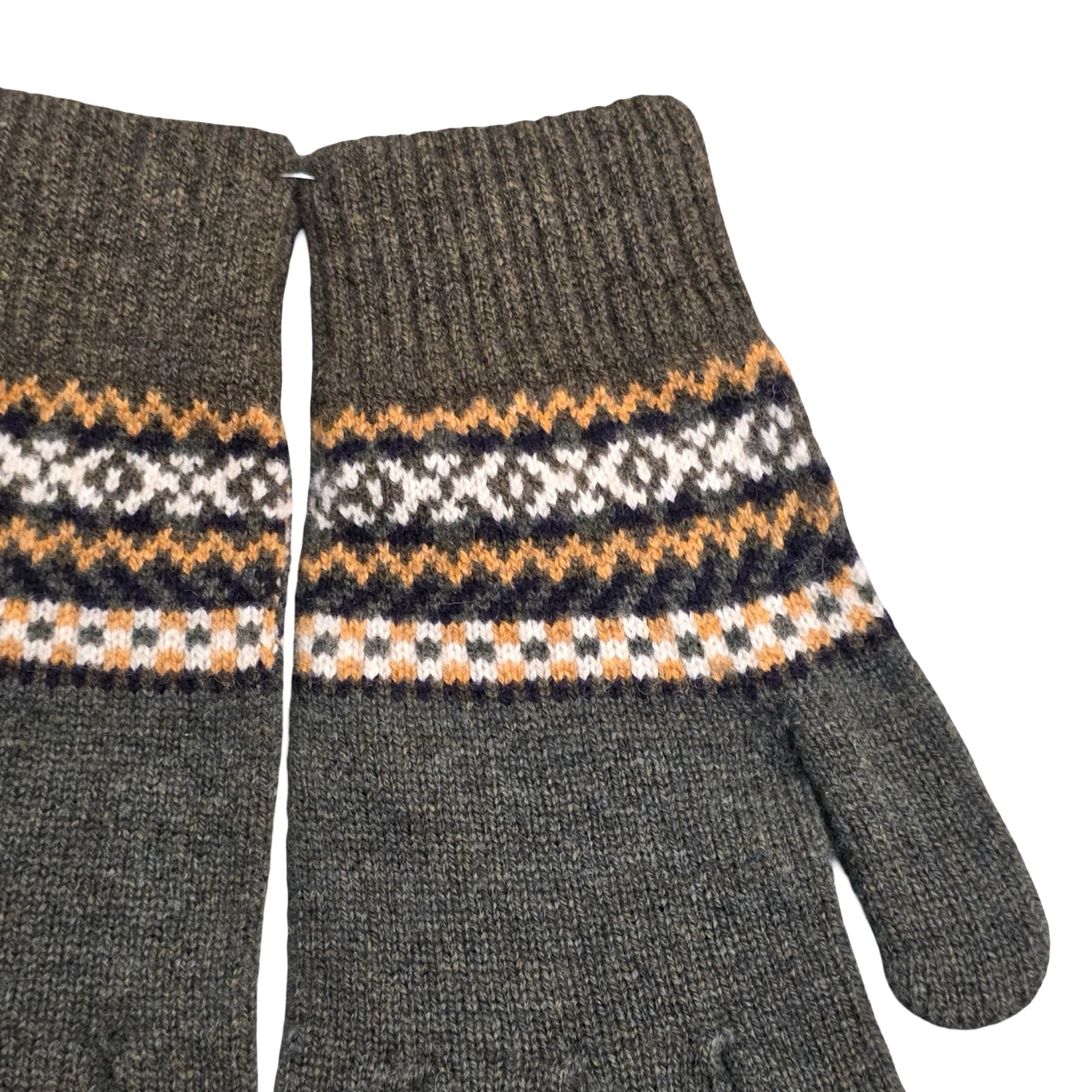 Pair of gray gloves with patterned cuffs on a white background.