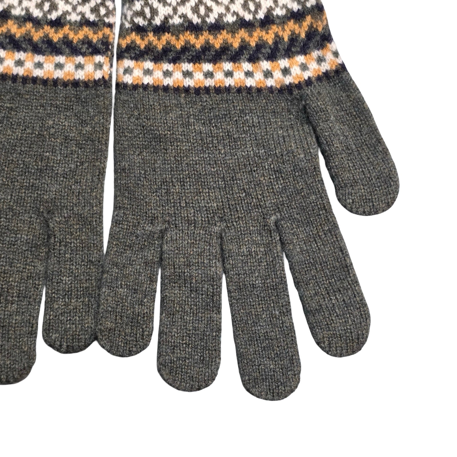 Gray gloves with a patterned cuff on a white background.