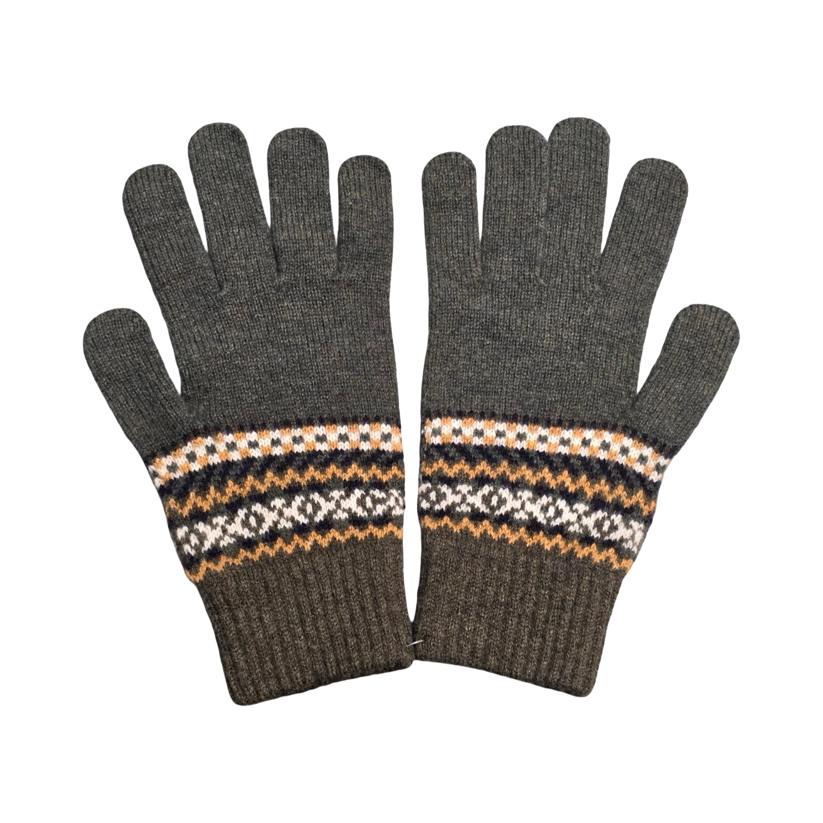 Pair of gray gloves with patterned cuffs on a white background.