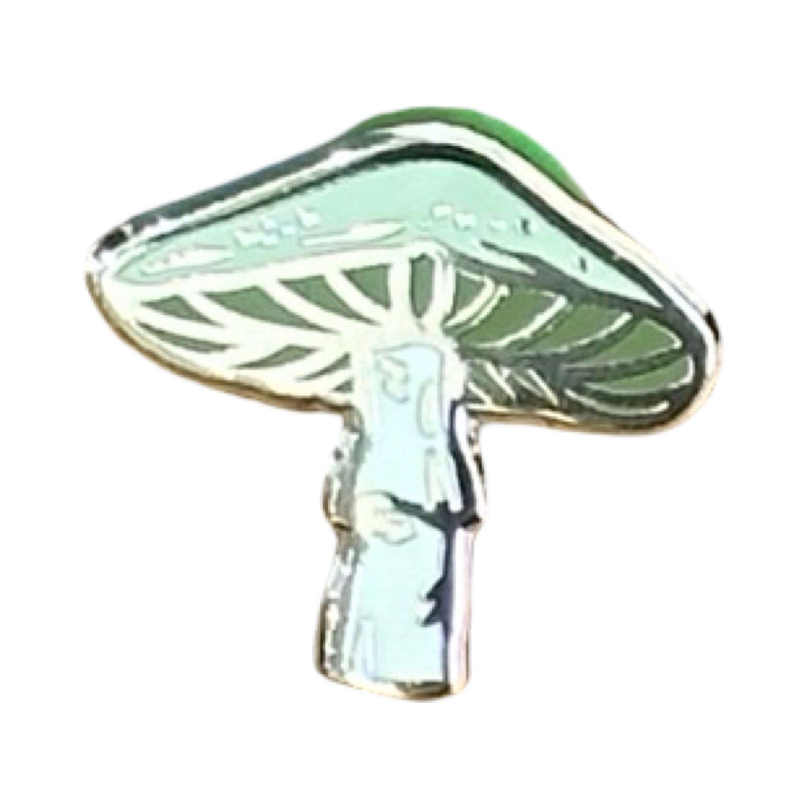 A green mushroom-shaped enamel pin badge with a white stalk.
