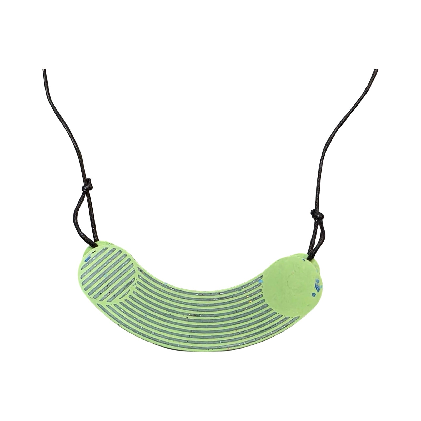 Green necklace with navy stripes in the shape of rigatoni.