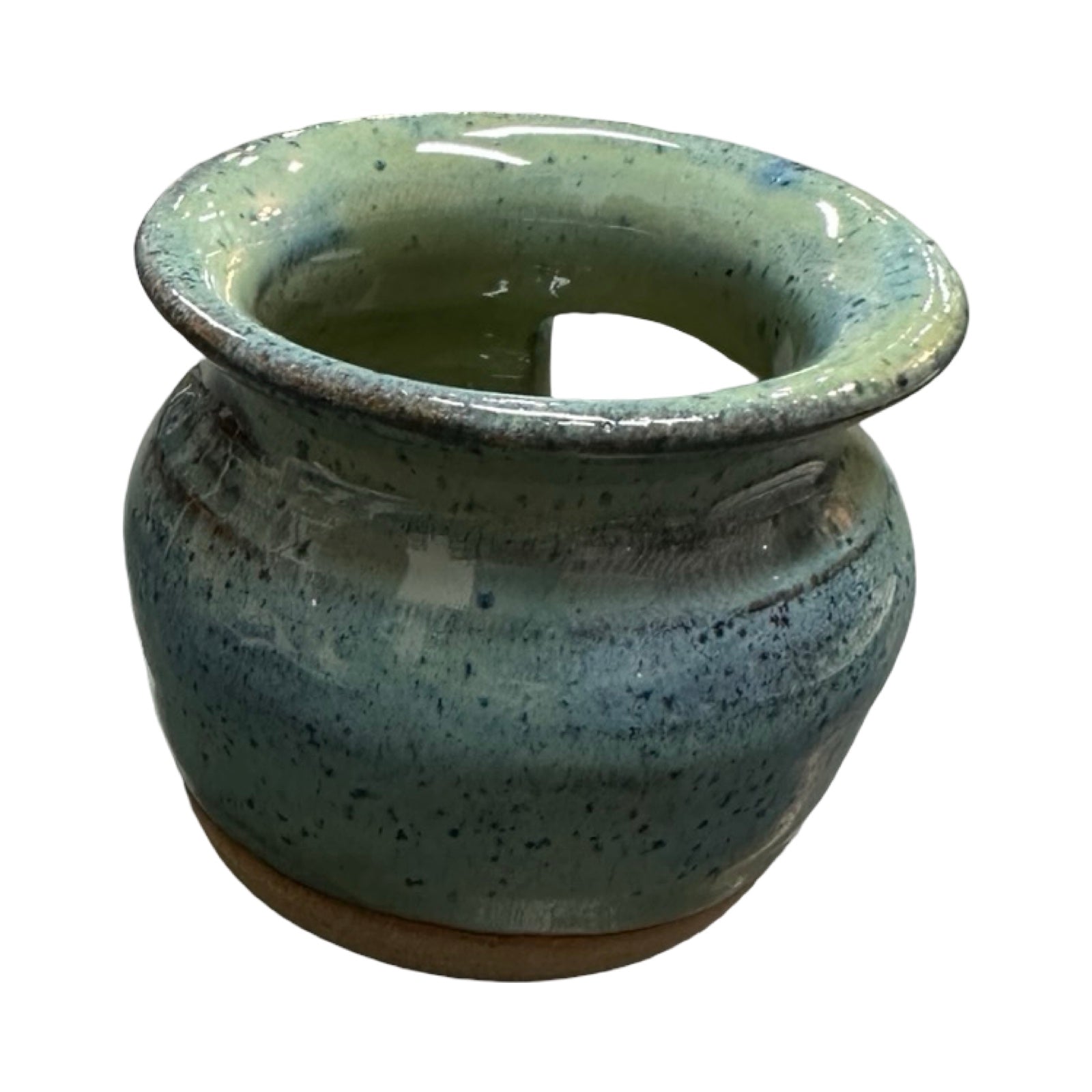 Speckled blue and green ceramic pot on a white background.